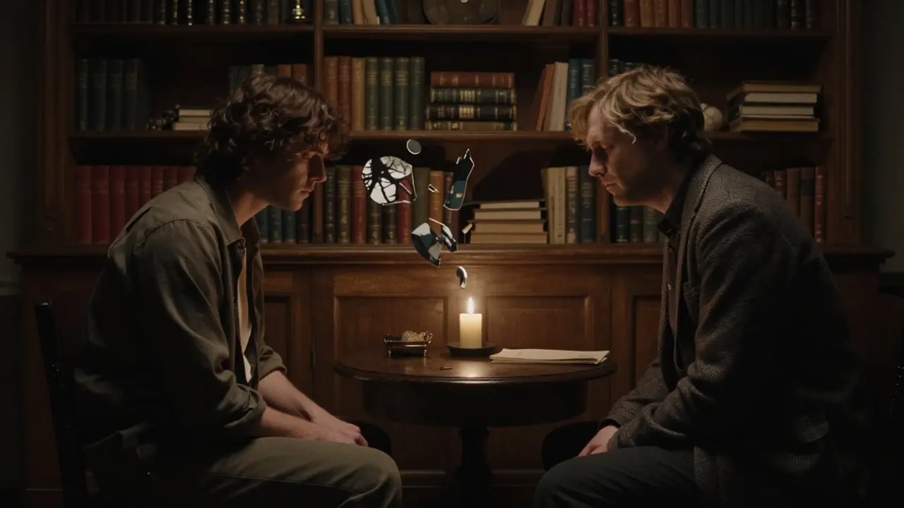 Dva lidé se setkávají v klidné místnosti, z jejich srdce stoupají stínové vzpomínky jako zlomené zrcadla.