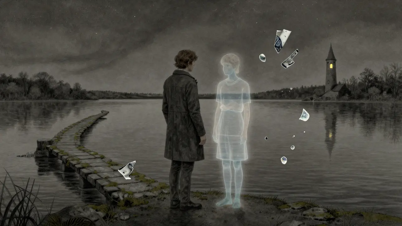 Dva lidé u jezera, kde odraz ukazuje minulost, most vede k věži se světlem.