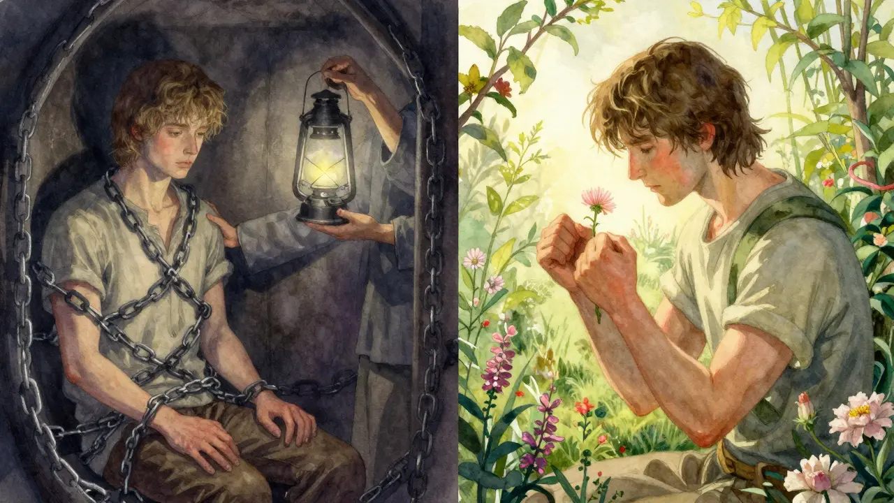 Dvě postavy: jedna s návyky OCD, druhá s OCPD — obě v procesu terapie v klidném krajinovém prostředí.