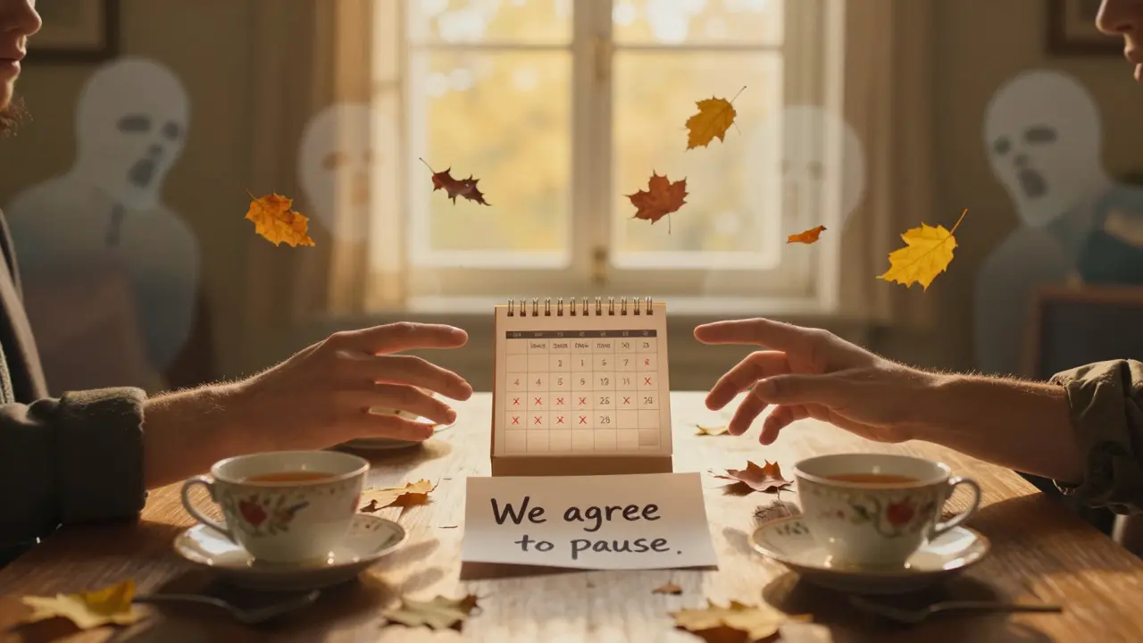 Dvě ruce se dotýkají přes stůl, kde leží pozvánka k digitální pauze, kolem nich klesají listy.