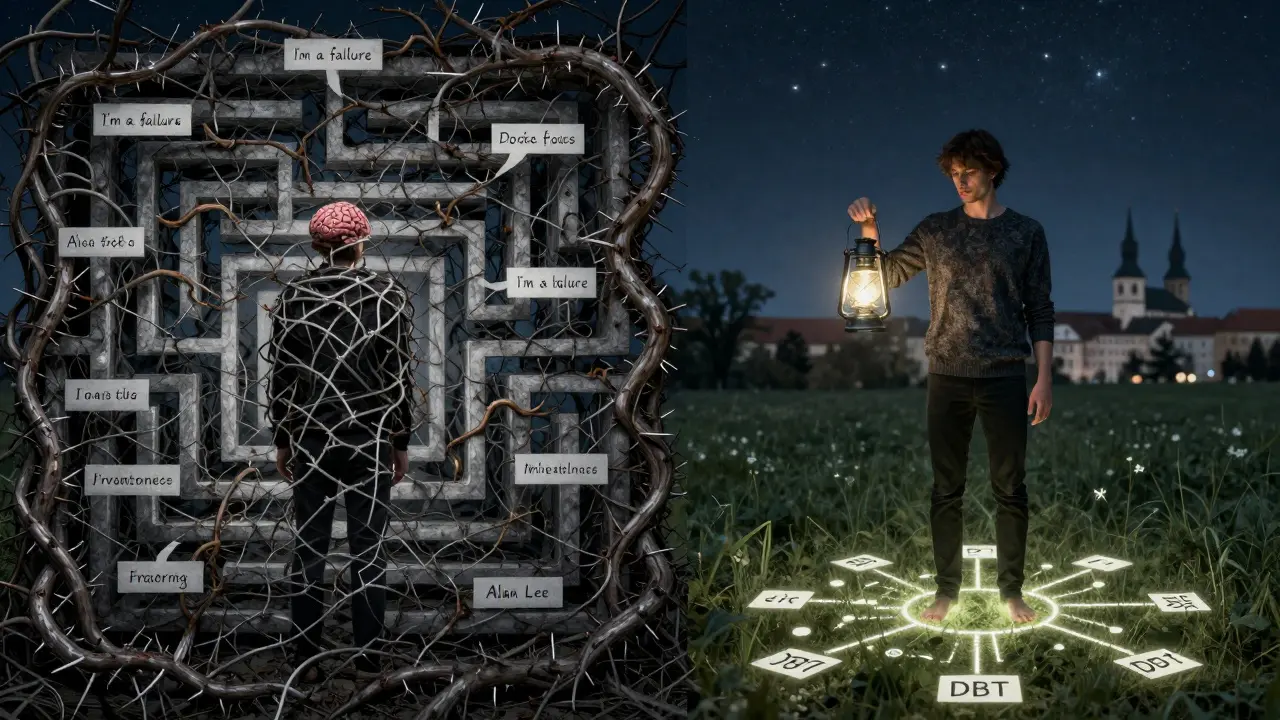 Dvojí obraz: jedna strana v hádance myšlenek, druhá v otevřené krajině s lucernou tvaru mozku.