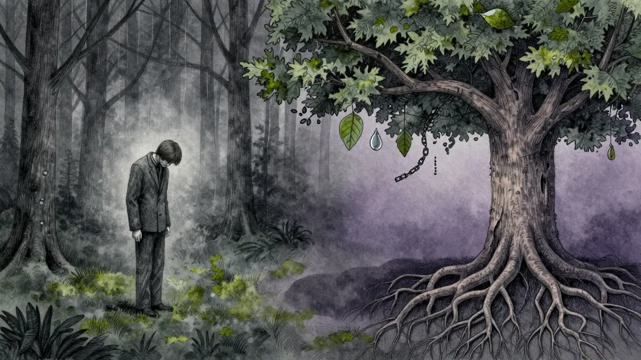 Dvojí portrét: klient jako postava ve bouřce, terapeut jako strom, jehož kořeny se dotýkají klientových stínů, symbolizující spojení bez dotyku.