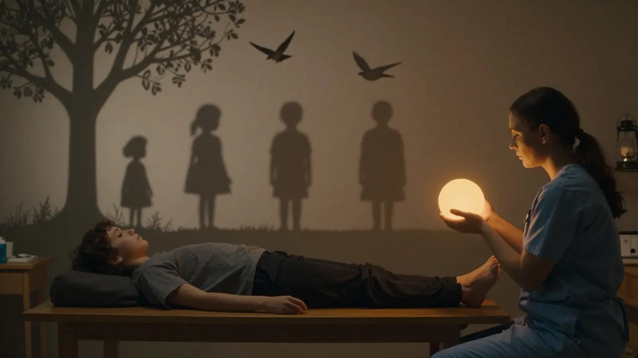 Klinická místnost ve večerním světle, kde stíny minulosti obklopují pacienta, zatímco terapeut drží kouli dechu.