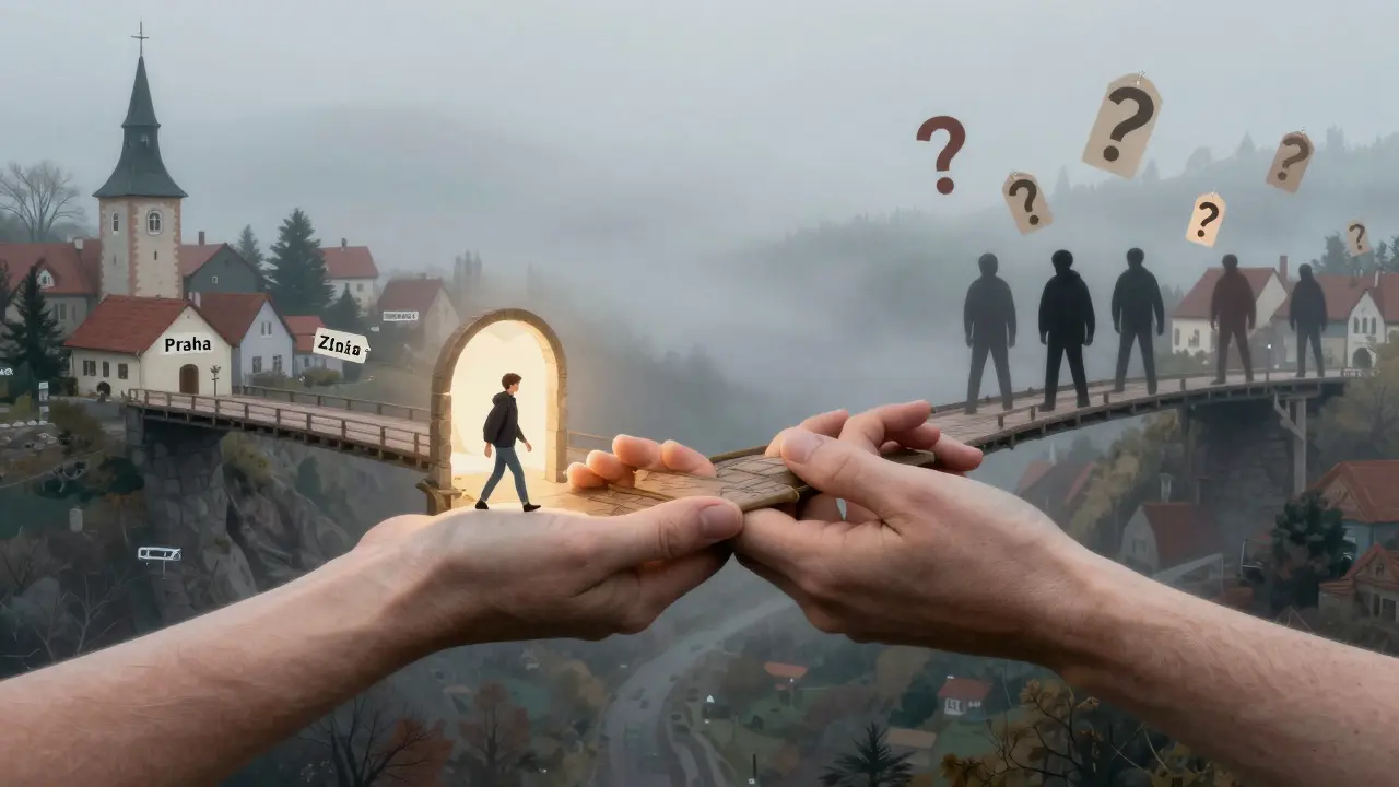 Most z rukou spojuje dvě města, osoba jde k srdci jako přechodu k pomoci.