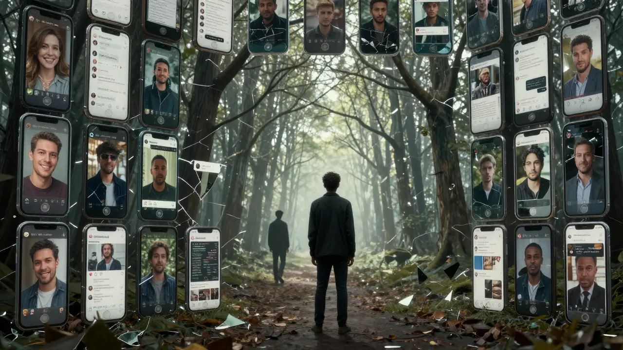 Muž se dívá do zrcadla z telefonních obrazovek, zatímco jeho partner odchází do lesa z příspěvků.