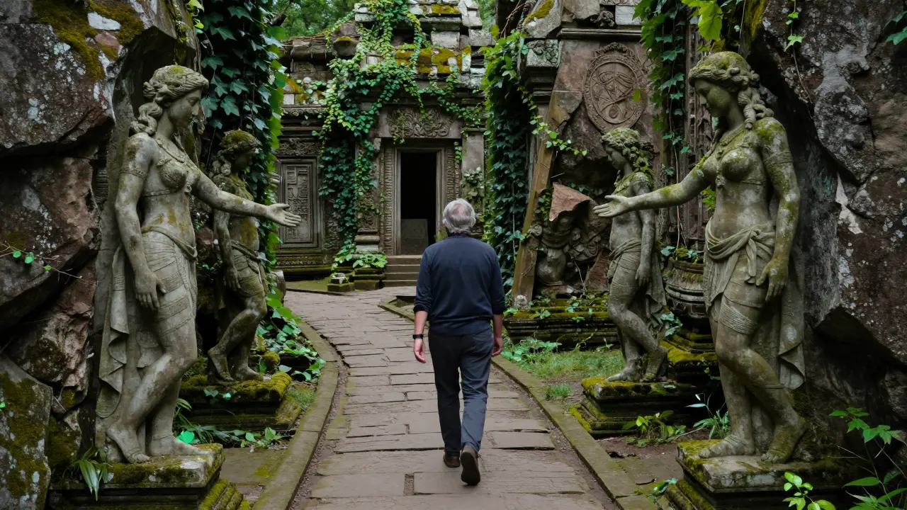 Osoba jde cestou k zříceninám, kde stojí sochy animy a anima, které ji volají k integraci.