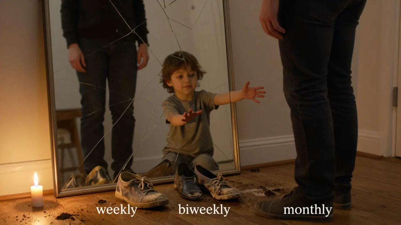 Osoba před zrcadlem, které odrazuje dítě, u nohou tři páry bot.