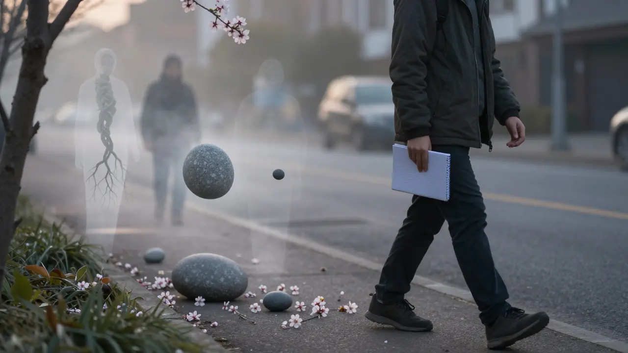 Osoba prochází ulicí, zatímco její minulé bolesti se mění v květiny v mlze rána.