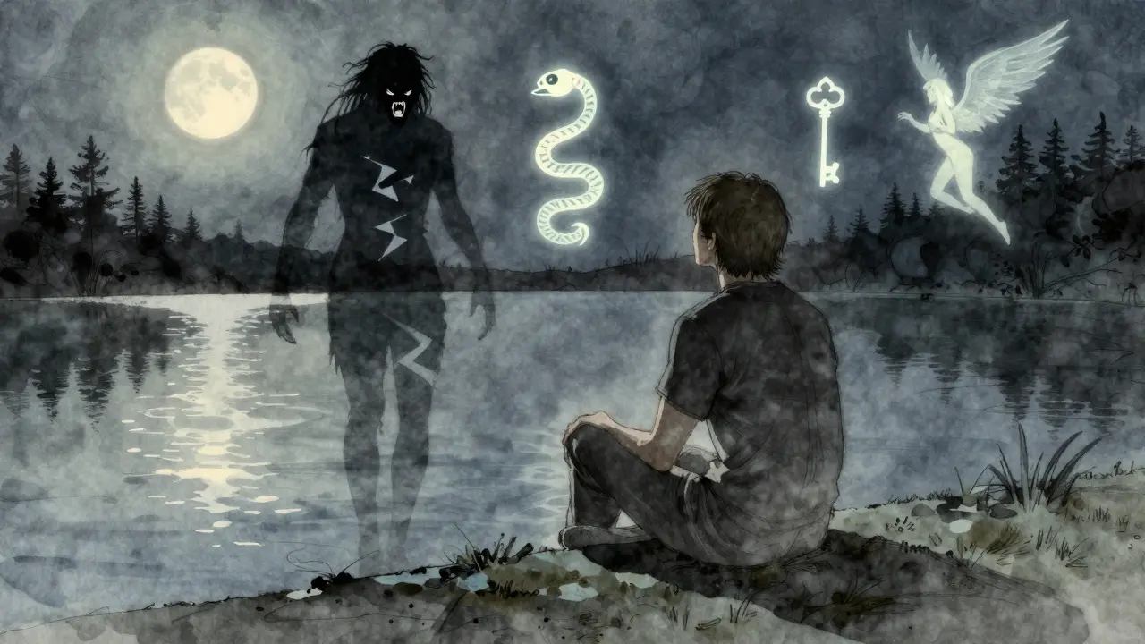 Osoba sedí u jezera v noci, její odraz ukazuje její stín, kolem ní plavou symboly snů.