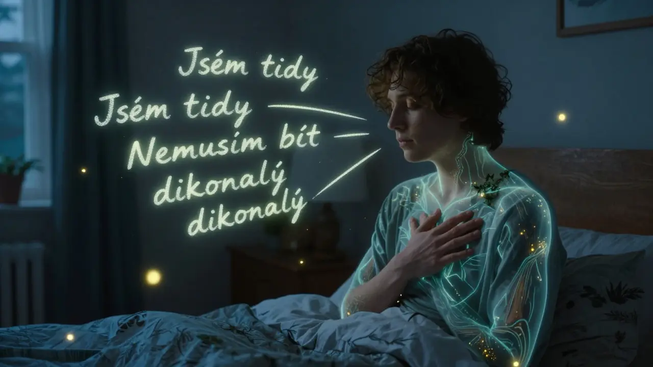 Osoba si položí ruku na prsa, kolem ní plavou světlé texty povzbuzujících myšlenek.