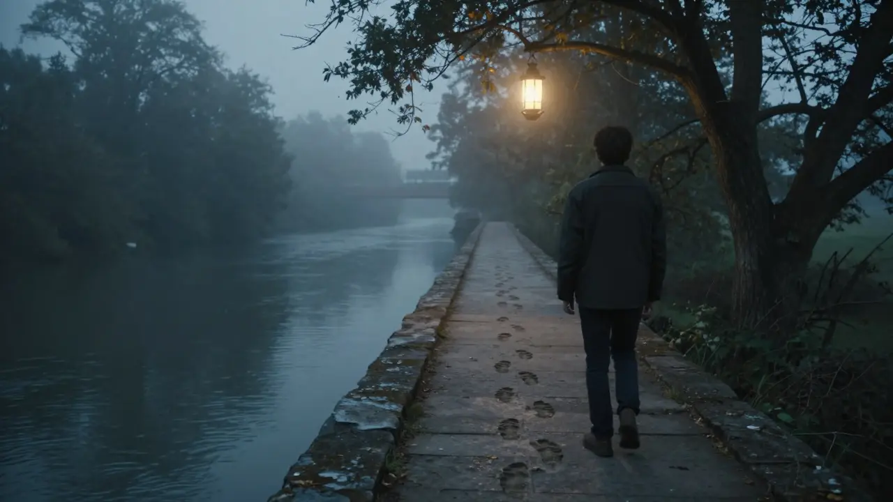 Osoba stojí na kamenném mostě, dívá se zpět na stopu stínu, vpředu visí jediná lampa.