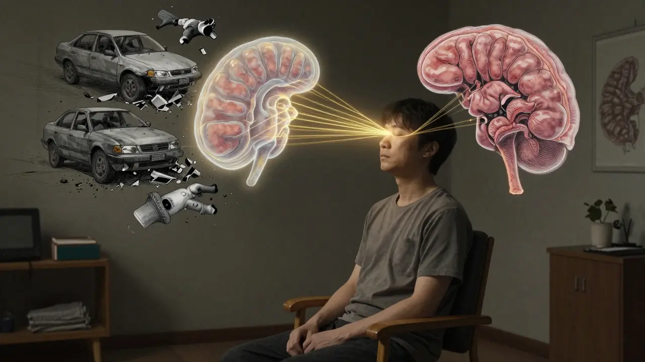 Pacient v terapii, jeho mozek je vidět jako průhledná struktura s fragmenty traumatu.