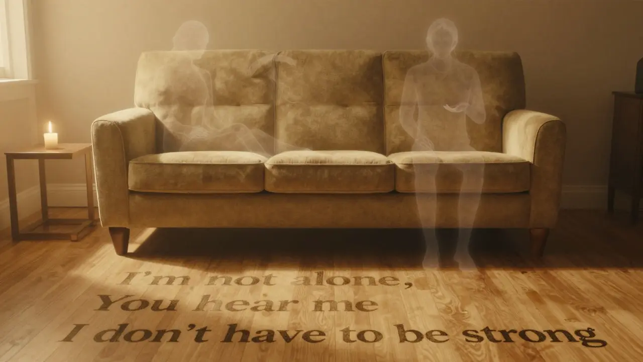 Prázdná terapeutická gaučová židle v záři západu, v ovzduší zůstaly stíny dvou postav a vyskakují zanikající slova: 'Nejsem sám', 'Slyšíš mě'.