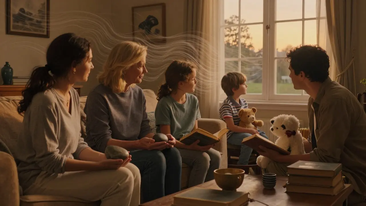 Rodina spolu v klidu večer, každý drží známý předmět, dítě se dívá z okna.