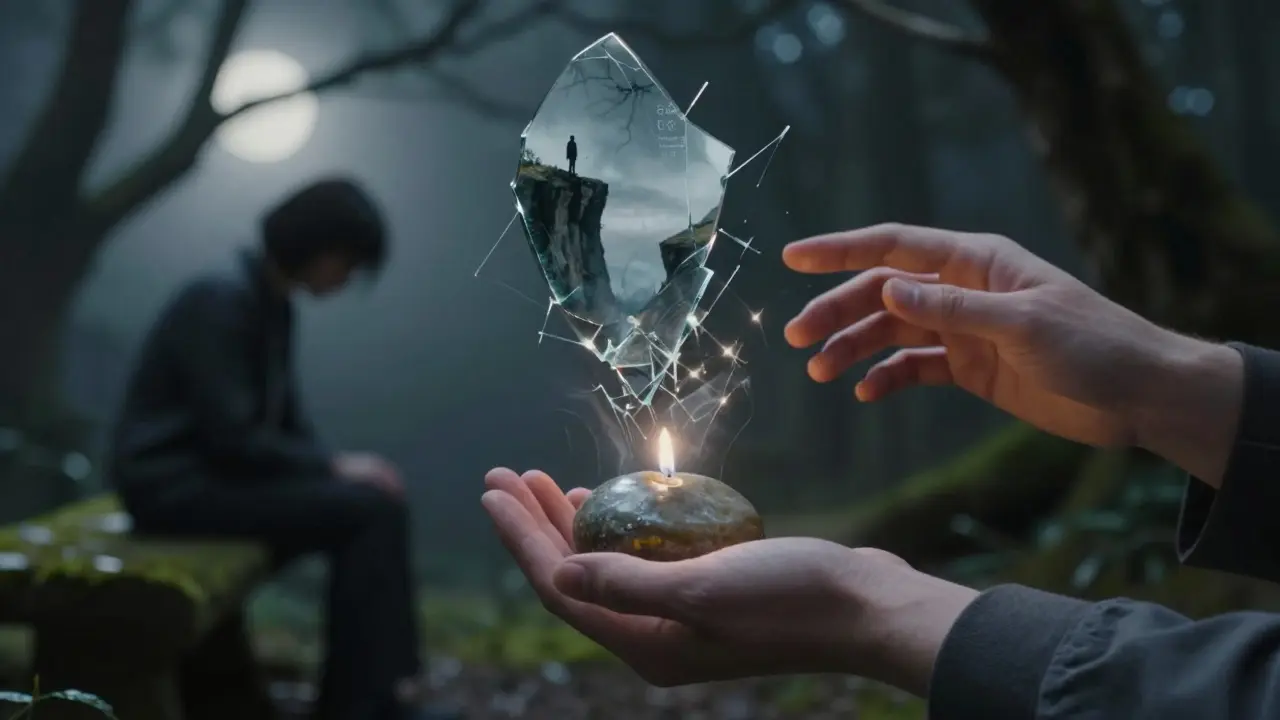 Ruce terapeuty drží kámen, kolem něj se objevují emoce jako jemné, průhledné stíny.