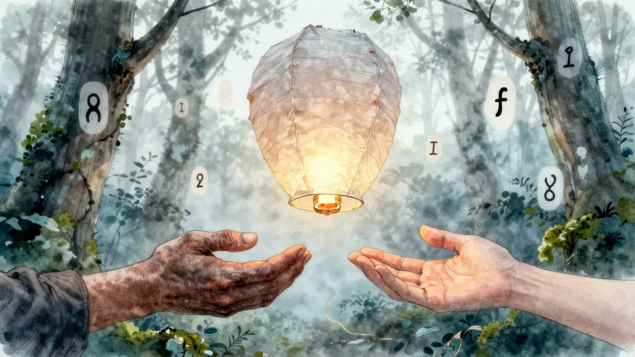 Ruce uvolňují papírovou lampionu do mlhy, kolem ní plavou symboly bolesti a uzdravení.