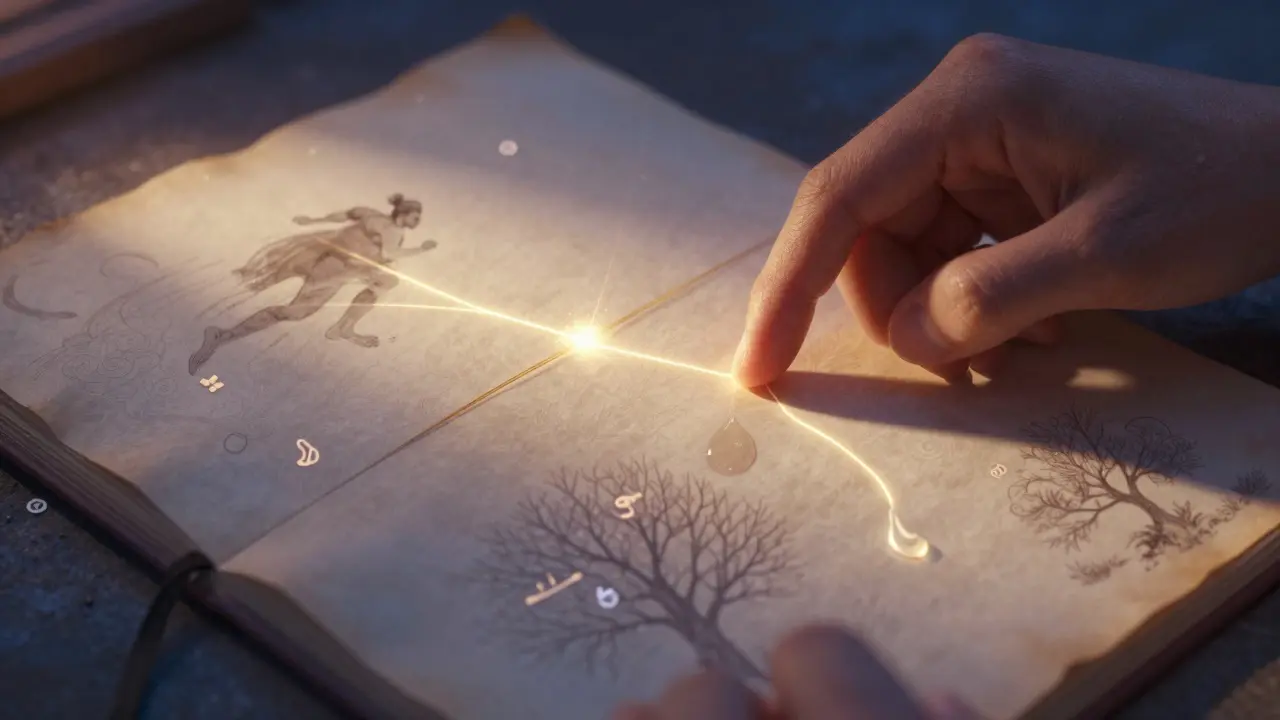 Ruka sleduje zlaté nitky spojující tělesné příznaky úzkosti s klidnými symboly v deníku.