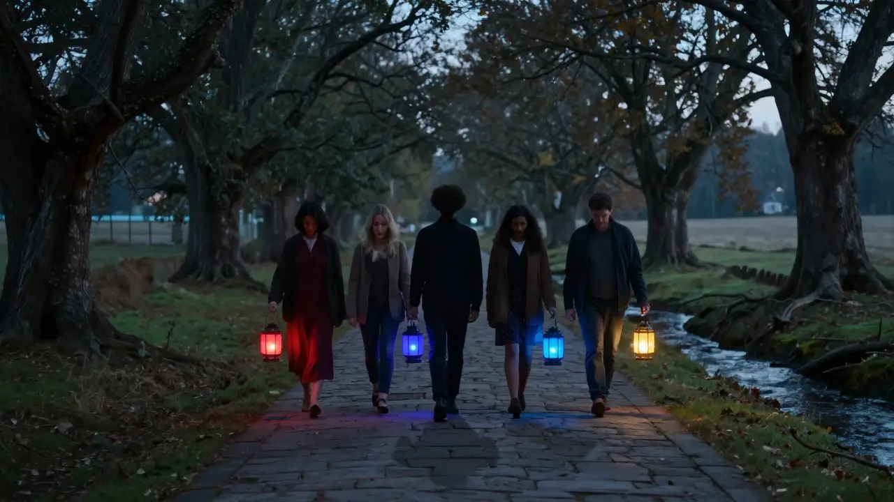 Skupina lidí jdoucích po cestě s lucernami, jejich stíny se slučují do jednoho siluetu.