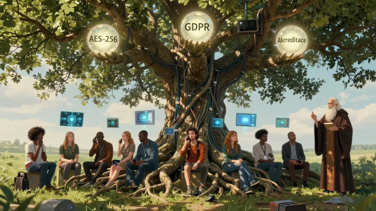 Starověký dub s kořeny jako kabely a větvemi s ochrannými symboly, pod ním lidé v klidu, chráněni duchem odbornosti.