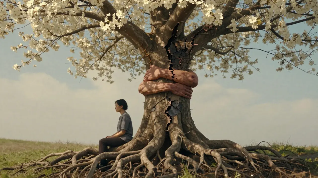 Strom s kořeny jako ruce, jedna strana zničená, druhá kvetoucí, pod ním terapeut a pacient sedí v klidu.