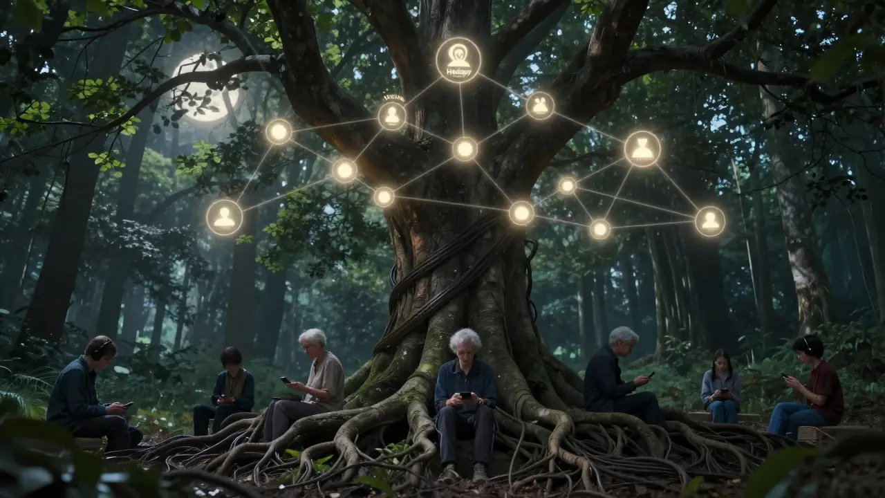 Strom s kořeny tvaru kabelů a větvemi jako bezpečné terapeutické platformy, pod ním lidé v klidu.