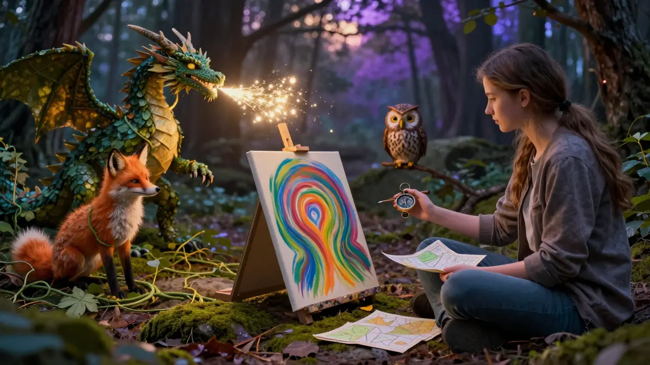 Teen painting emotions in forest clearing while mythical creatures symbolize coping strategies.