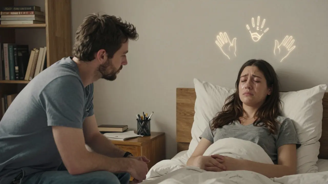 Terapeut v ordinaci a klient v domácím prostředí, s neviditelnými příznaky stresu ve vzduchu.