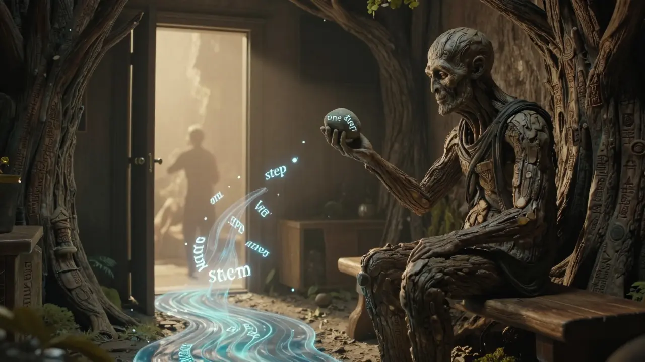 Terapeut ve tvaru stromu a klient před řekou myšlenek, která teče kolem nich, zatímco klient zvedá kámen akce.