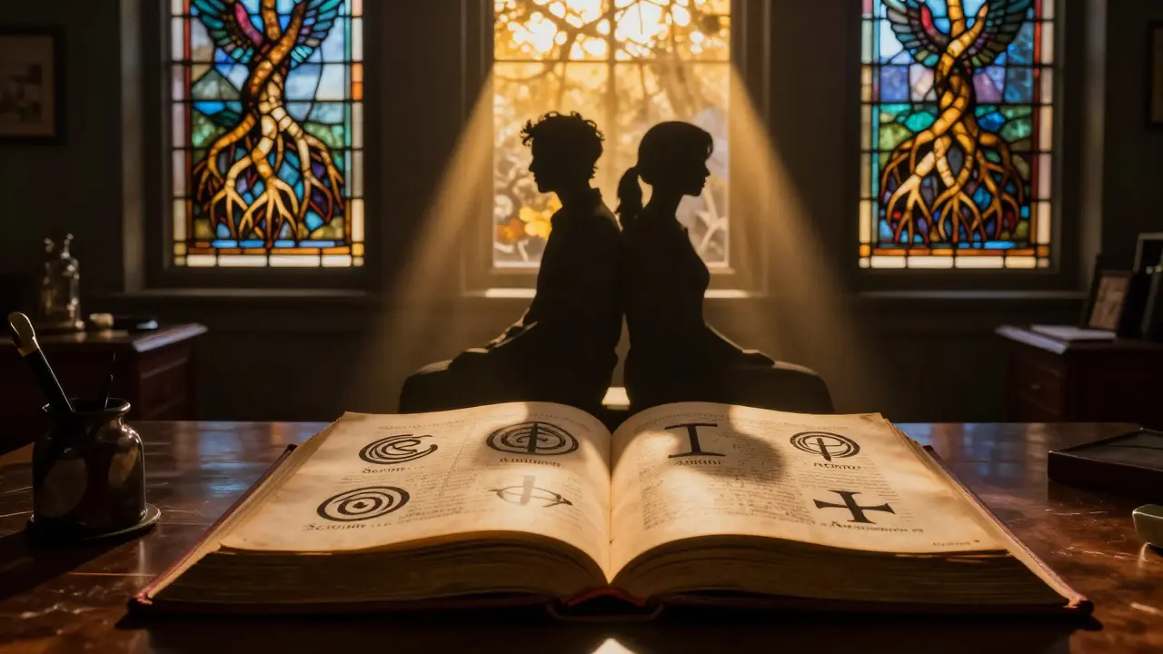 Terapeutická místnost s otevřenou knihou, jejíž stránky zobrazují vazební styly ve světle.