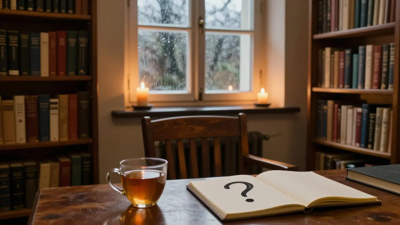 Tichá kancelář terapeuty s knihami, svíčkami a deštěm za oknem.