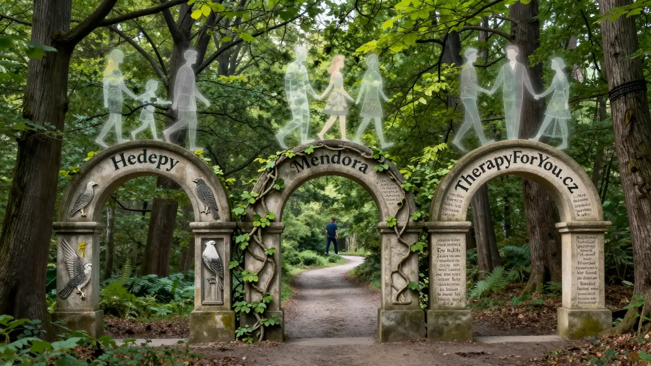 Tři mystické archy symbolizují tři platformy pro online terapii, spojují lidé s terapeuty v lesní krajině.