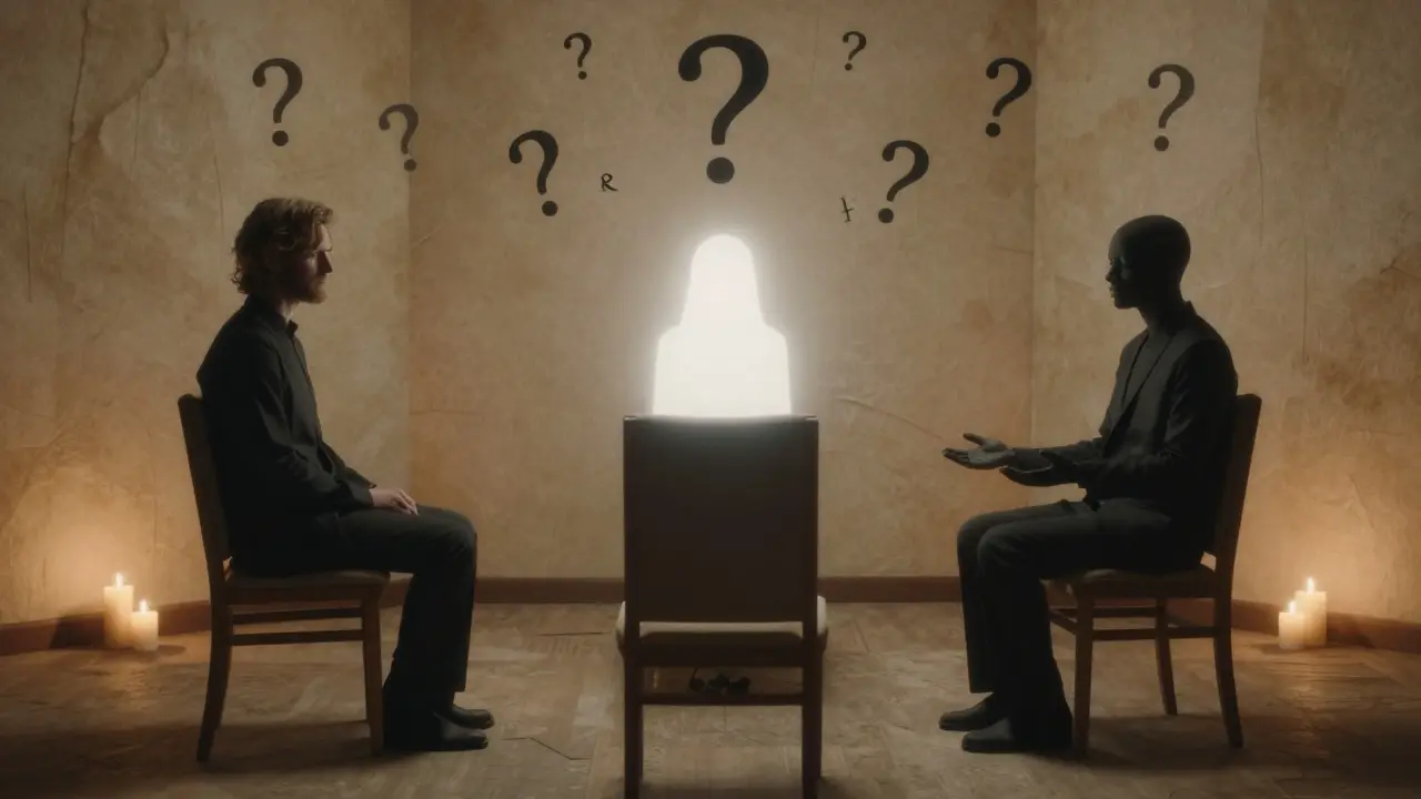 Tři stoličky s stínovými terapeuty, v místnosti plné neřečených otázek a jemného světla.