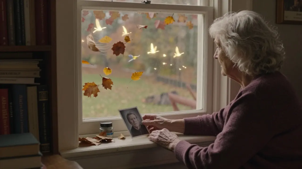 Žena u okna, kde listy se mění v ptáky, symbolizující přeměnu smutku v ocenění života.