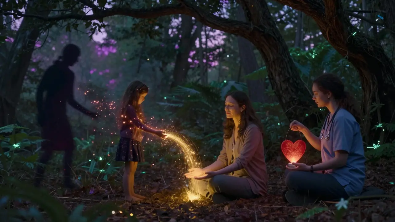Žena v lese při soumraku uvolňuje traumata jako světelné popelky, terapeut drží svíčku ve tvaru srdce.