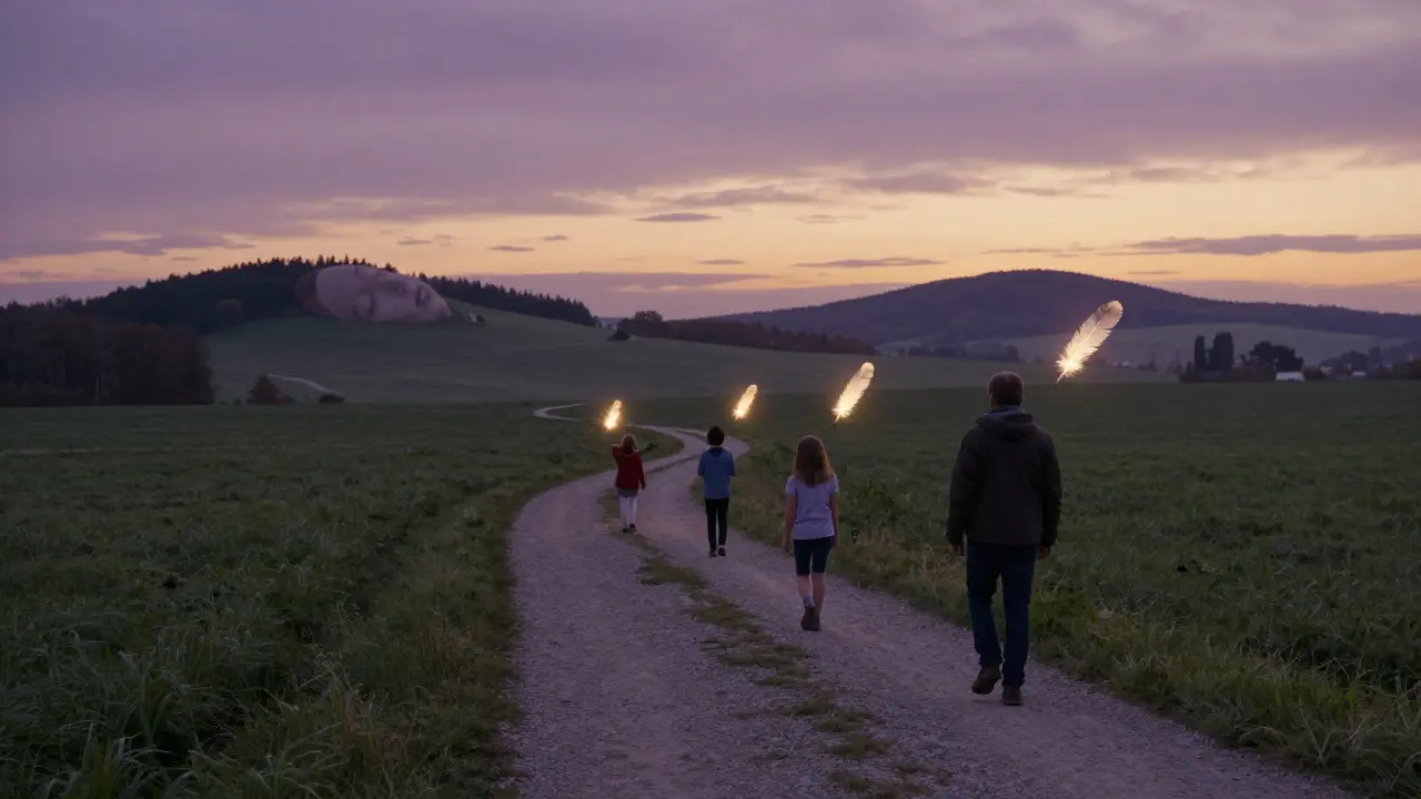 Cesta krajem Česka, kde každý krok uvolňuje peří, které se mění v vzpomínky, obloha je fialová a zlatá.