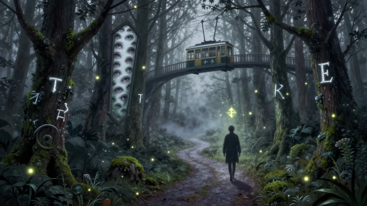 Cesta lesem s stromy představujícími různé fobie, na konci volně jdoucí postava.