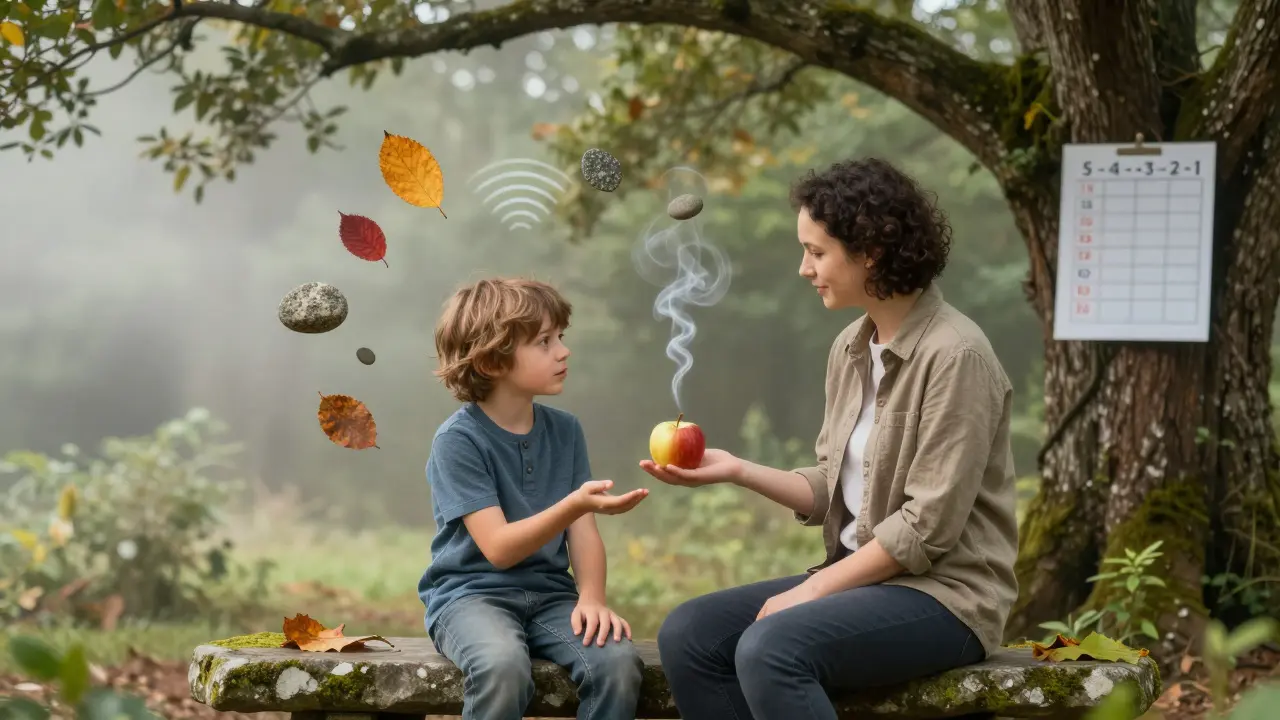 Dítě a terapeut sedí na kamenité lavičce, kolem nich plavou listy, kameny, vlny zvuku a pachy.