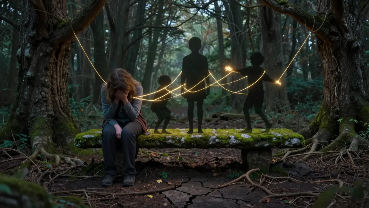 Dospělý člověk na lavičce, jeho stín rozdělený na tři postavy propojené zlatými nitěmi s kořeny stromu.