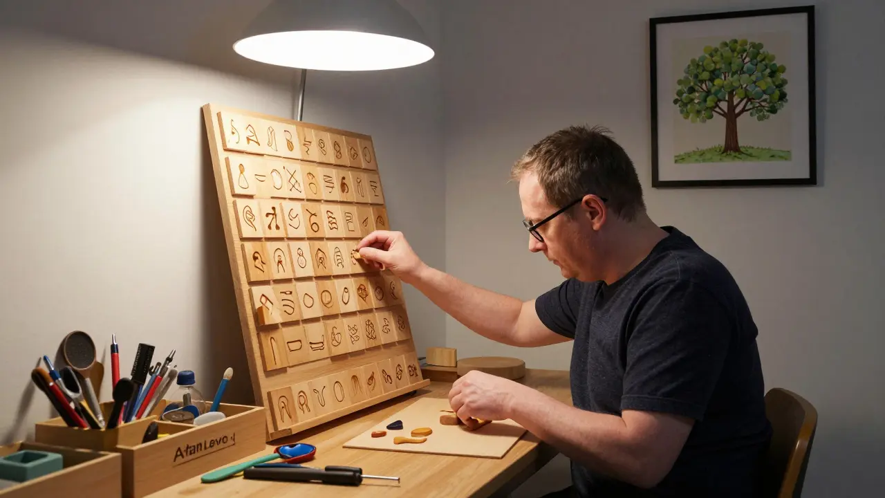 Dospělý s autismem pracuje ve dílně s vizuálními nápovědami a řádně uspořádanými nástroji.