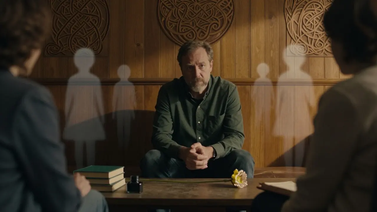 Dospělý sedí v tiché místnosti s výraznými vzpomínkami kolem sebe.