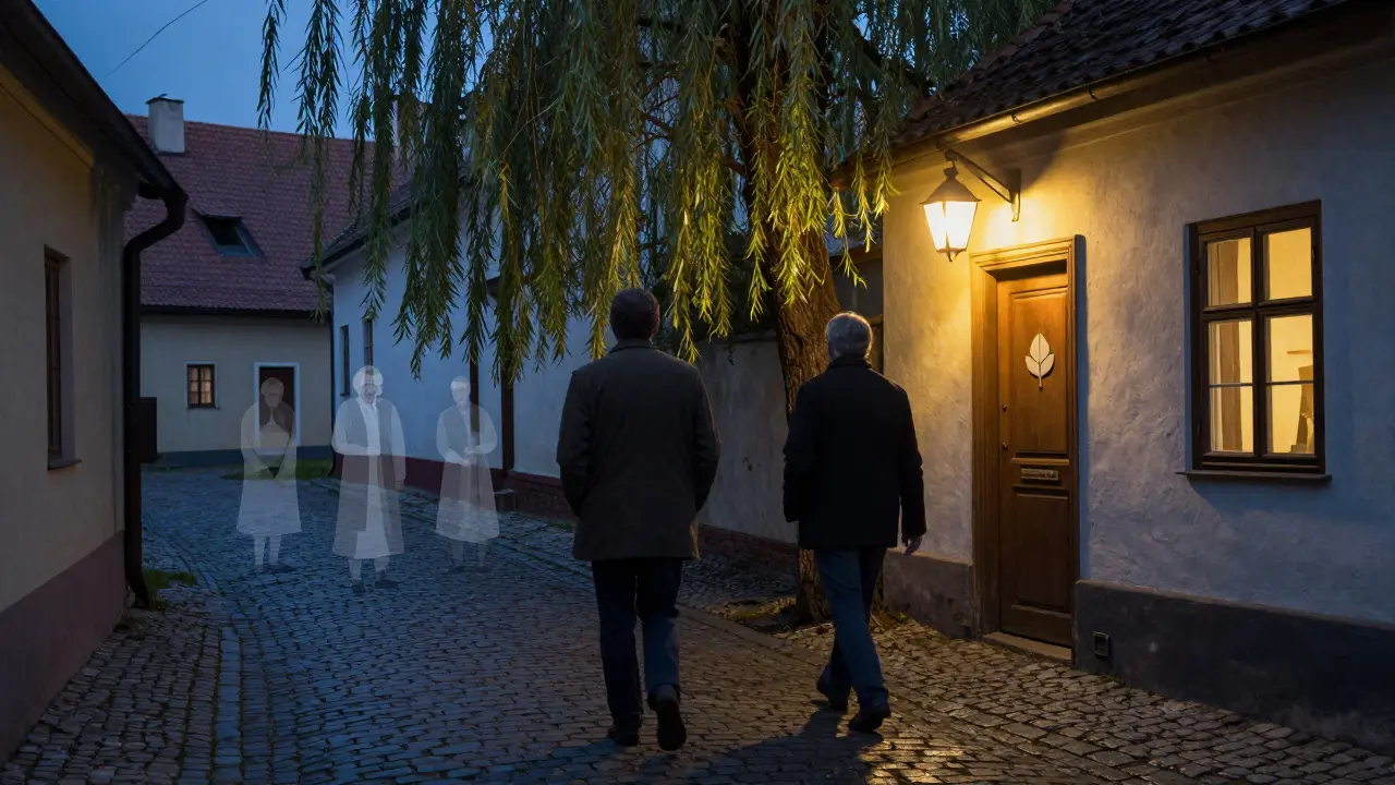 Dva lidé se potkávají v uličce, jeden opouští dům psychoterapie, druhý se k němu blíží.