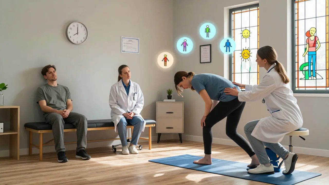 Dva protiklady terapeutických sezení s symboly zdraví a pokroku.