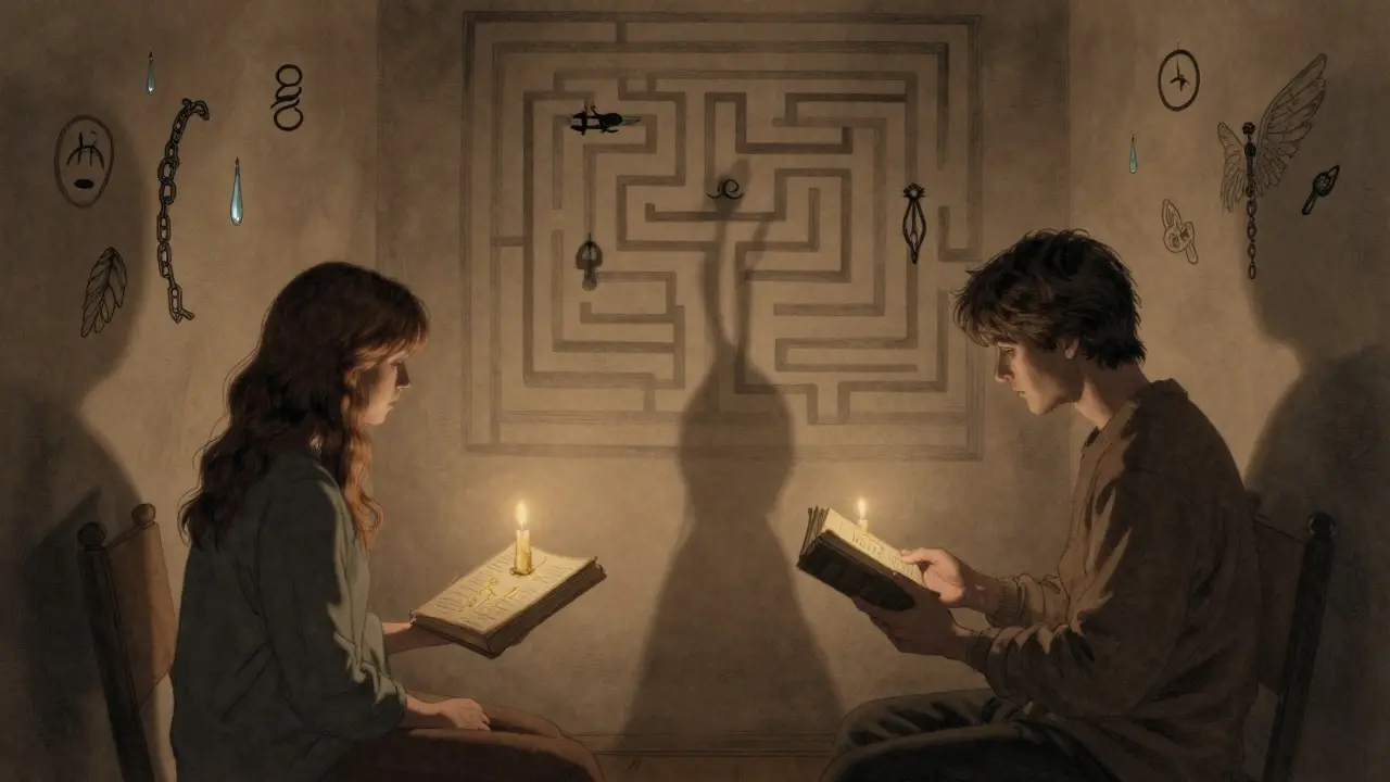 Dvě postavy v terapeutické místnosti, stín na zdi tvoří bludiště, svíčky osvětlují symboly emocí.