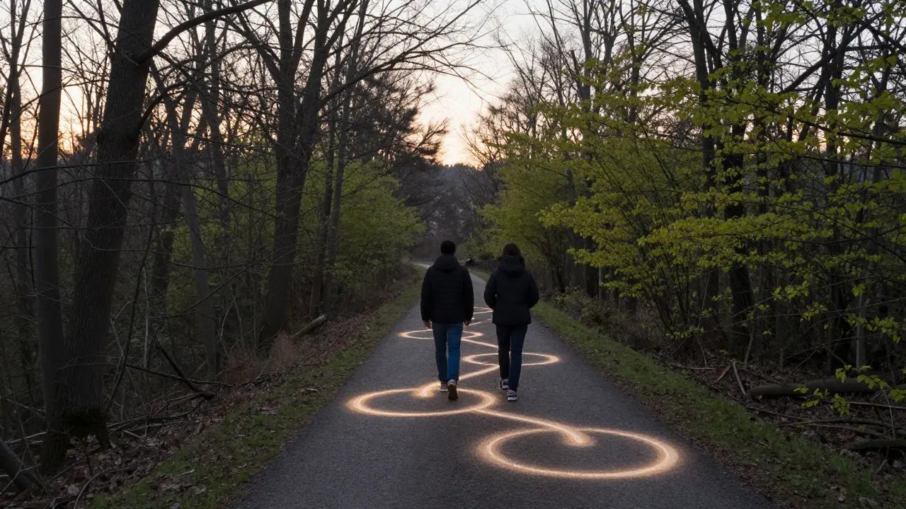 Dvojice kráčí lesní cestou, jejich kroky zanechávají světlé kruhy, které symbolizují postupnou obnovu vztahu.