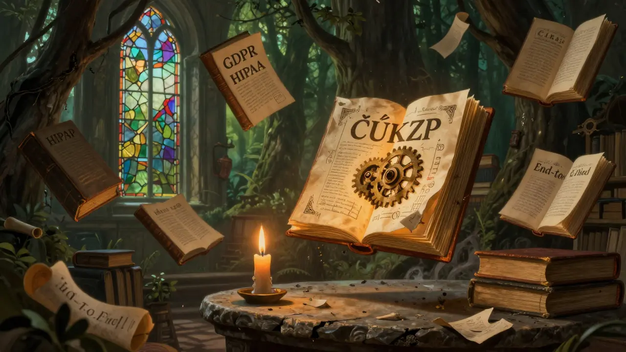 Knižní knihovna s plujícími svitky, kde jen jeden z nich svítí – ČÚKZP certifikace.