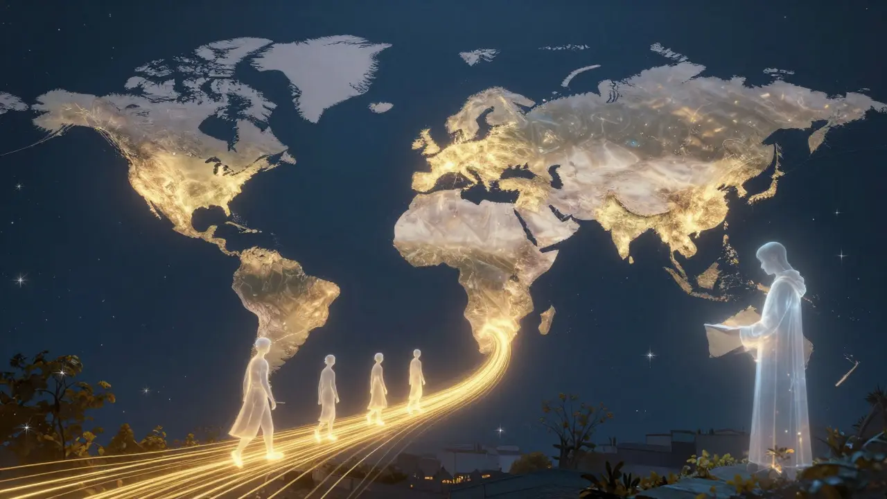 Kontinenty spojené zlatými světelnými pásy, kde cestovatelé jsou doprovázeni tajemnými terapeuty.