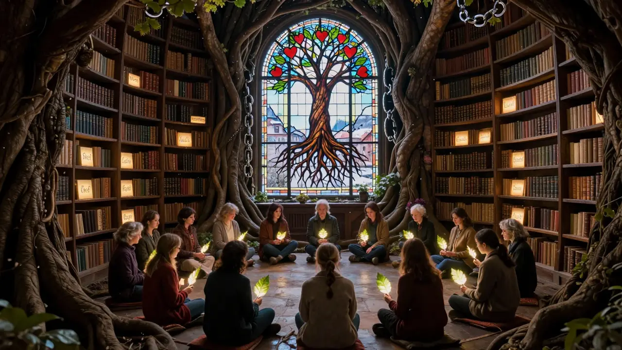 Lidé sedí v kruhu pod starým stromem, kde knihy s emocemi svítí v knihovně kořenů.