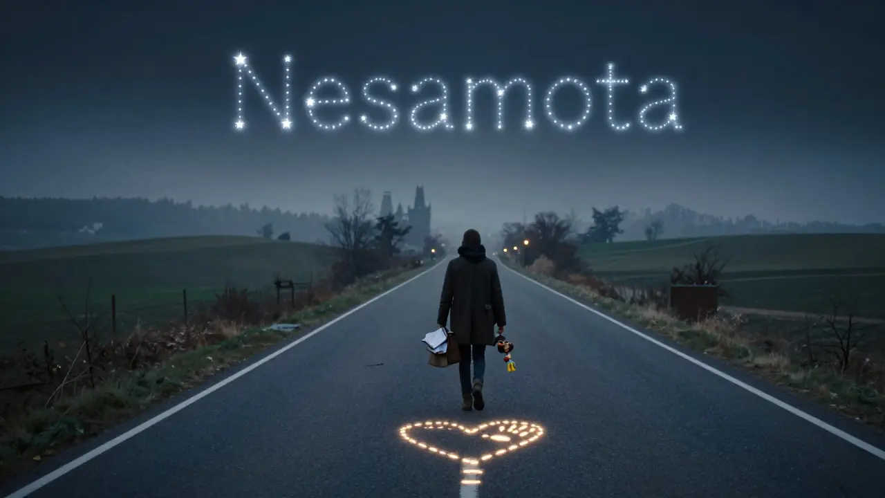 Osamělá postava jde cestou, za ní světelné stopy tvaru ruky a srdce, před ní Praha ve mlze.