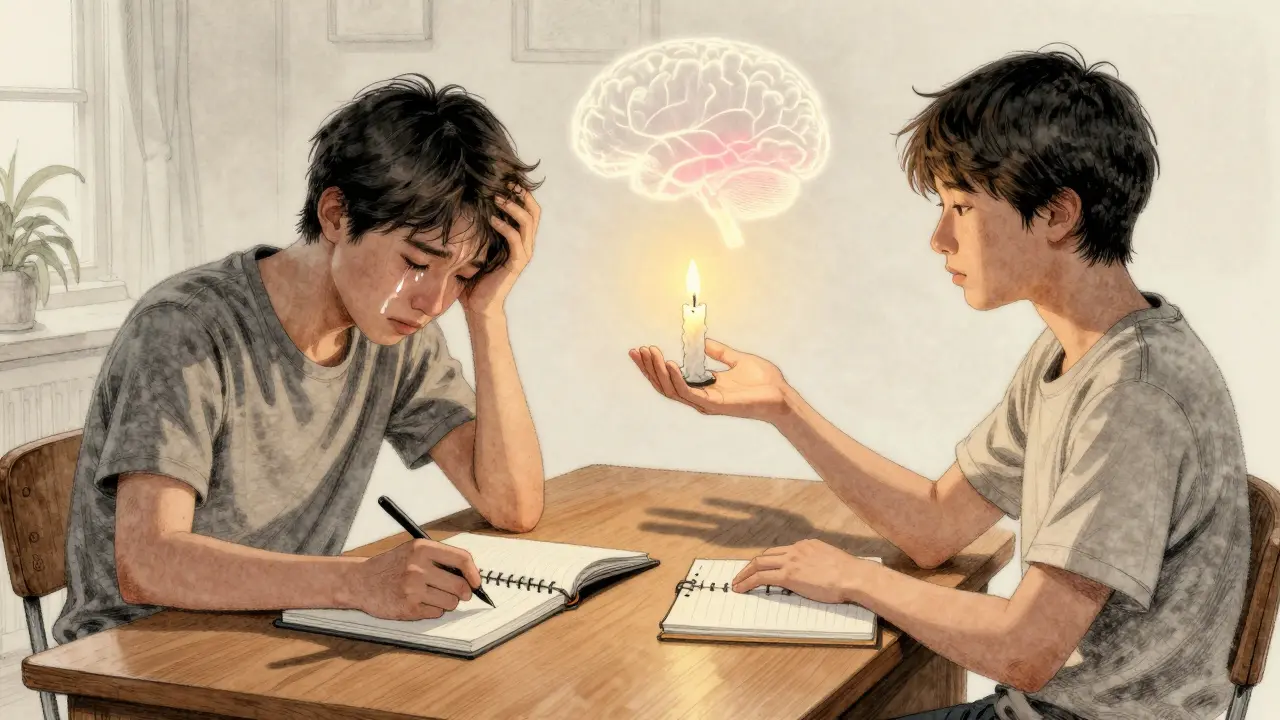 Osoba píše v deníku, nad ní dvojí obraz emocí a klidu s glowing cestami.