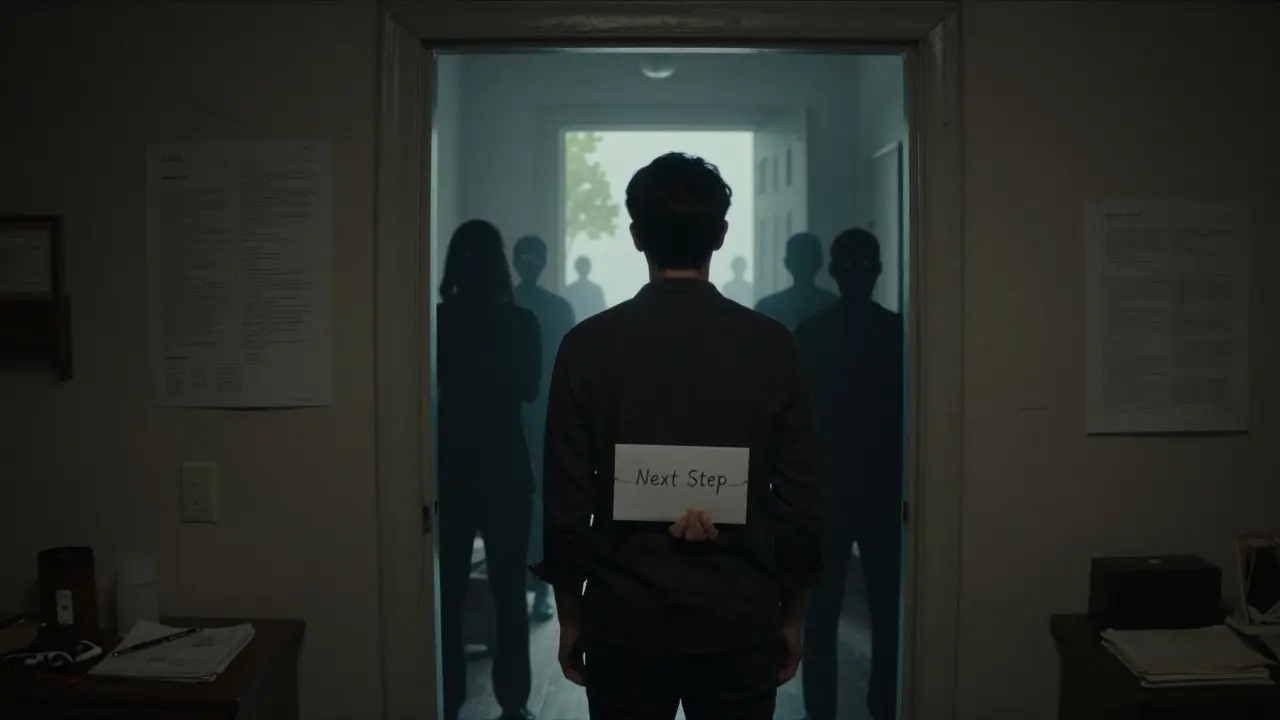 Osoba stojí na prahu mezi temnotou a světlem, drží dopis 'Další krok'.